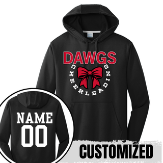 black dri fit performance hoodie front view with red dawgs bow circle design and back view showing customized name and number