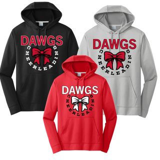 black, silver, and red dri fit performance hoodies featuring dawgs text, cheerleading circle text, and red cheer bow design on front