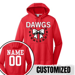 red dri fit performance hoodie front view with white dawgs bow circle design and back view showing customized name and number