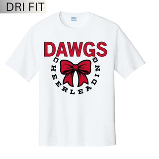 white dri fit performance tee featuring red dawgs text, black cheerleading circle text, and red cheer bow design

