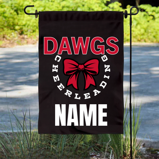 Dawgs Cheerleading Bow Circle garden flag on outdoor stand, black with red bow circle design and name personalization option
