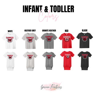 infant onesie and toddler t-shirt options for dawgs cheerleading bow circle design in white, heather grey, granite heather, red, and black