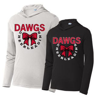 silver and black posicharge competitor hoodies featuring red dawgs text, cheerleading circle text, and red cheer bow design on front