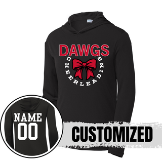 black posicharge competitor hoodie front view with red dawgs bow circle design and back view showing customized name and number

