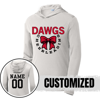 silver posicharge competitor hoodie front view with red dawgs bow circle design and back view showing customized name and number