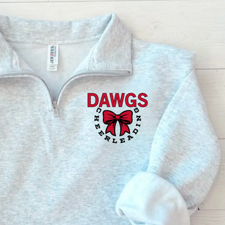  Dawgs Cheerleading Bow Circle quarter-zip pullover in ash grey with bow graphic and circle text on left chest