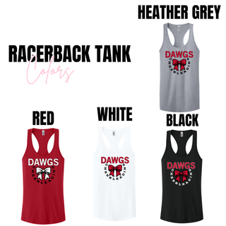 Dawgs Cheerleading Bow Circle racerback tank in heather grey, red, white, and black with DAWGS Cheerleading bow circle graphic
