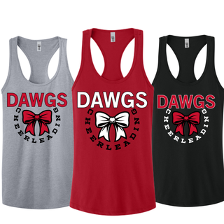 Dawgs Cheerleading Bow Circle racerback tank in heather grey, red, and black with bow circle graphic on front
