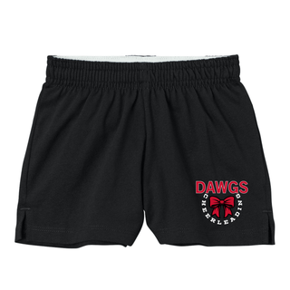 black squad shorts flat lay featuring red dawgs text, white cheerleading circle text, and red cheer bow design on left leg