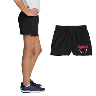 black jersey knit squad shorts side view showing white exposed elastic waistband and 1 inch side vent with dawgs cheerleading bow circle design on left leg