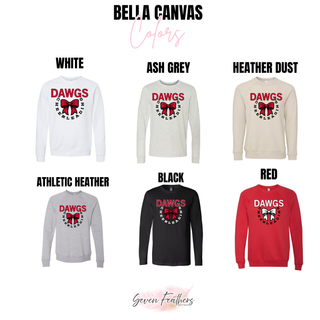 bella canvas style options for dawgs cheerleading bow circle design: white tee, ash grey long sleeve, heather dust crewneck, athletic heather crewneck, black long sleeve, red crewneck

