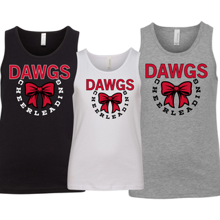 Dawgs Cheerleading Bow Circle youth jersey tank in white, athletic heather, and black with bow circle graphic on front
