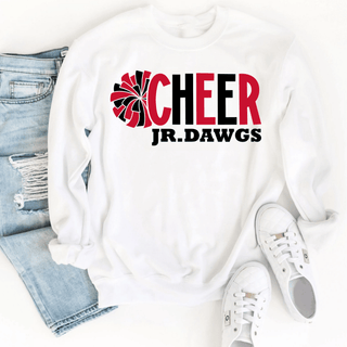 White crewneck with red and black CHEER Jr. Dawgs design and pom pom, unisex