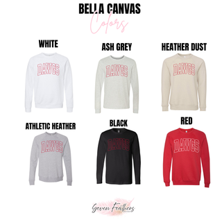 Dawgs Stadium Bella Canvas crewneck sweatshirts in white, ash grey, heather dust, athletic heather, black, and red
