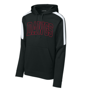 Dawgs Stadium fan favorite hoodie in black and white colorblock with bold outlined Dawgs arch lettering across the chest
