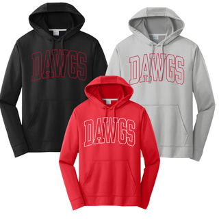 Dawgs Stadium performance hoodies in black, silver, and red with bold outlined DAWGS arch lettering across the chest
