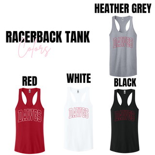Dawgs Stadium women's racerback tank in heather grey, red, white, and black with outlined Dawgs arch lettering on front
