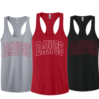 Dawgs Stadium women's racerback tank in heather grey, red, and black with bold outlined Dawgs arch lettering across the front
