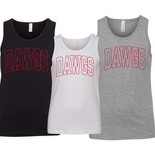 Dawgs Stadium youth jersey tank in white, athletic heather, and black with bold outlined DAWGS arch lettering on chest
