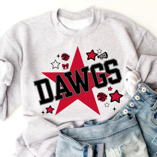 Ash grey crewneck with red star DAWGS cheer design with pom poms and bows, styled with jeans