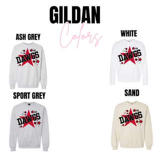 Dawgs Star Cheer Shirt Gildan crewneck in ash grey, white, sport grey, sand