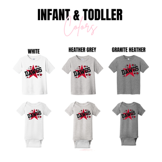 Dawgs Star Cheer Shirt infant bodysuit and toddler tee in white, heather grey, granite heather