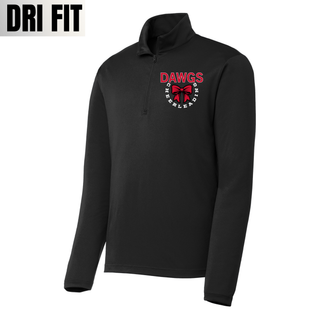 black dri fit performance quarter zip with red dawgs text, white cheerleading circle text, and red cheer bow design on left chest