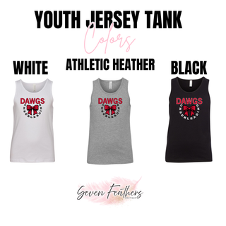 Dawgs Cheerleading Bow Circle youth jersey tank in white, athletic heather, and black with bow circle graphic on front