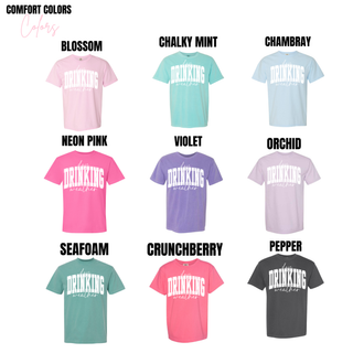 Comfort Colors tee color options for the day drinking weather graphic in blossom, mint, and neon pink

