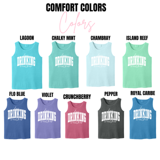 Comfort Colors day drinking weather tank in lagoon, chalky mint, chambray, island reef, flo blue, violet, crunchberry, pepper

