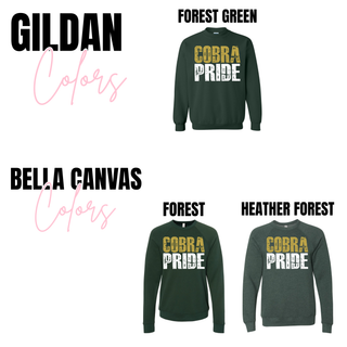 Distressed Days Cobra Pride color options: Gildan forest green crewneck sweatshirt and Bella Canvas forest and heather forest crewneck sweatshirts