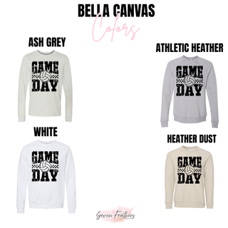 Bella Canvas color options for the Distressed Game Day Volleyball Top including ash grey, athletic heather, white, and heather dust crewneck sweatshirts
