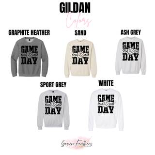 Gildan crewneck sweatshirt color options for the Distressed Game Day Volleyball Top including graphite heather, sand, ash grey, sport grey, and white
