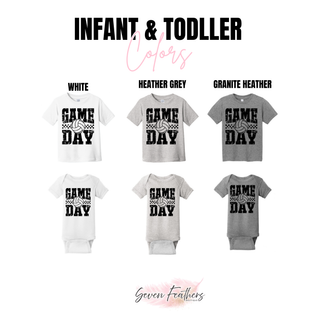 Infant and toddler color options for the Distressed Game Day Volleyball Top including white, heather grey, and granite heather tees and onesies
