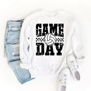 White crewneck sweatshirt with distressed Game Day volleyball graphic featuring bold block letters and checkered detail with volleyball
