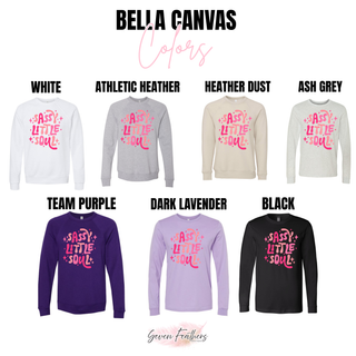 Distressed girly Sassy Little Soul Bella Canvas sweatshirt color options white athletic heather heather dust ash grey team purple dark lavender black

