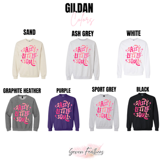 Distressed girly Sassy Little Soul Gildan sweatshirt color options sand ash grey white graphite heather purple sport grey black
