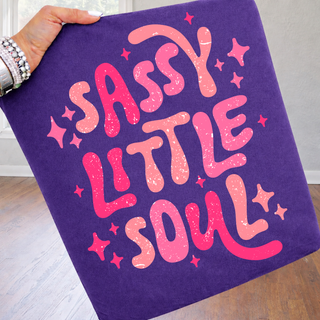 Distressed girly Sassy Little Soul retro pink lettering design on purple top with sparkle accents
