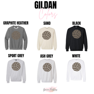 Distressed Leopard Volleyball Shirt Gildan crewneck in graphite heather, sand, black, sport grey, ash grey, white