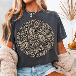 Pepper tee with large distressed leopard print volleyball, adult unisex