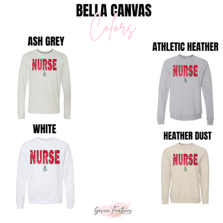 Distressed Red Nurse Christmas top color options in Bella Canvas Ash Grey, Athletic Heather, White, and Heather Dust