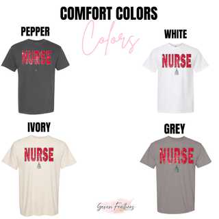 Distressed Red Nurse Christmas top color options in Comfort Colors Pepper, White, Ivory, and Grey