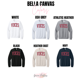 Bella Canvas color chart showing White, Ash Grey, Athletic Heather, Black, Heather Dust, and Navy crewnecks with the red VIKES design