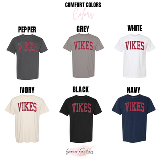 Comfort Colors color chart showing Pepper, Grey, White, Ivory, Black, and Navy tees with the red VIKES design