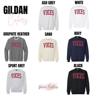 Gildan color chart showing Ash Grey, White, Graphite Heather, Sand, Navy, Sport Grey, and Black crewnecks with the red VIKES design