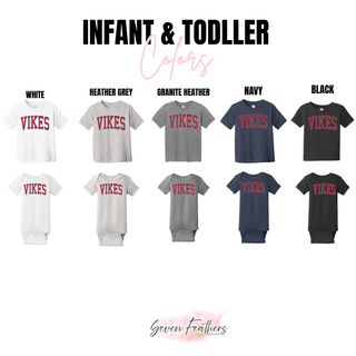 Infant and toddler color chart showing White, Heather Grey, Granite Heather, Navy, and Black tees and bodysuits with the red VIKES design
