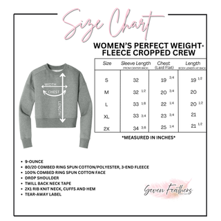 Seven Feathers Boutique size chart for District women's perfect weight fleece cropped crew with sleeve chest and length measurements for sizes small through 2X in inches