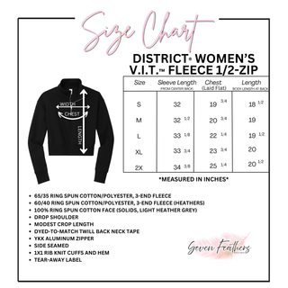 Seven Feathers Boutique size chart for District Women's VIT Fleece half-zip with measurements for sizes small through 2X in inches