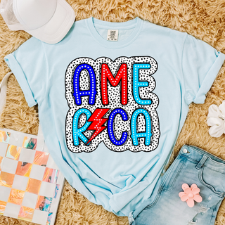 Chambray Comfort Colors tee flat lay with doodle dot america red white blue stacked letter lightning bolt polka dot design
