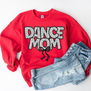 Red dotted bow dance mom crewneck sweatshirt styled with jeans, polka dot lettering and black bow design